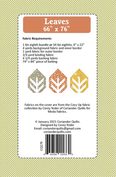 Leaves Quilt Pattern CQ 179 designed by Corey Yoder of Coriander Quilts